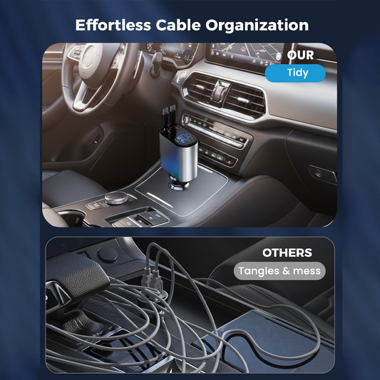 120W Super Fast Car Charger | 4-in-1 Retractable Multi-Device Charger with Dual USB Ports