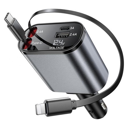 120W Super Fast Car Charger | 4-in-1 Retractable Multi-Device Charger with Dual USB Ports