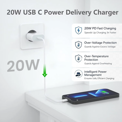 20W USB-C PD Fast Charger Adapter | Compact Power Adapter for iPhone, Samsung & Android Phones
