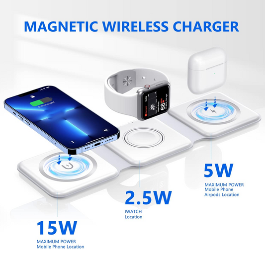 3-in-1 Magnetic Wireless Charger | Foldable 15W Fast Charging Stand for iPhone, Apple Watch & AirPods